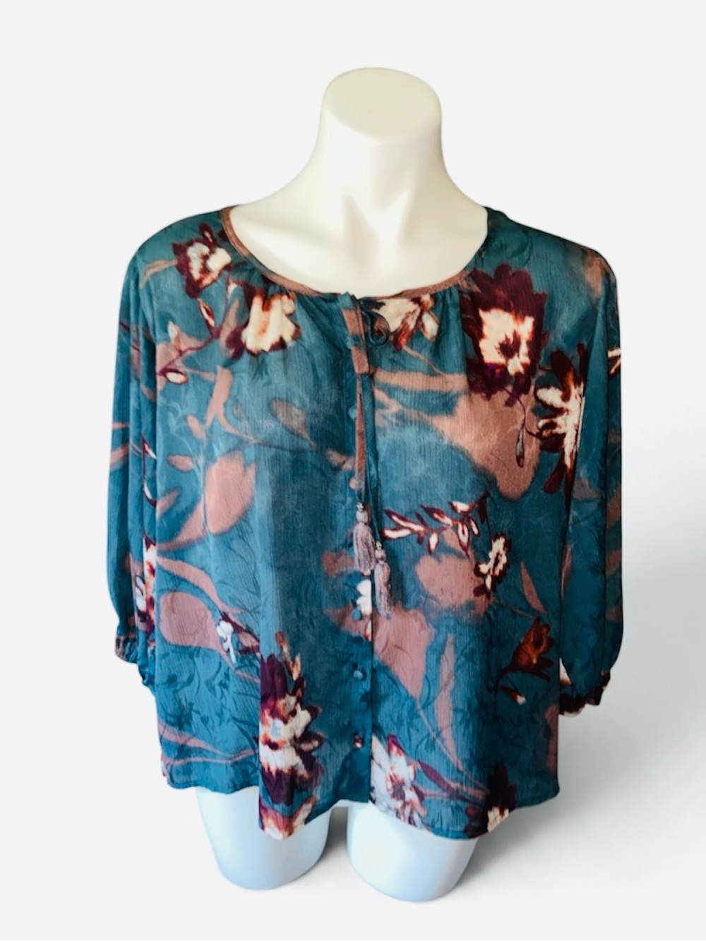 LOVESTITCH Peacock Green Floral Blouse With 3/4 Puff Sleeves Size Medium